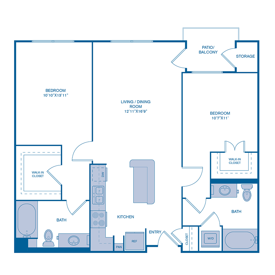 Rendering of the B1 floor plan with 2 bedroom[s] and 2 bathroom[s] at IMT Gallery 421
