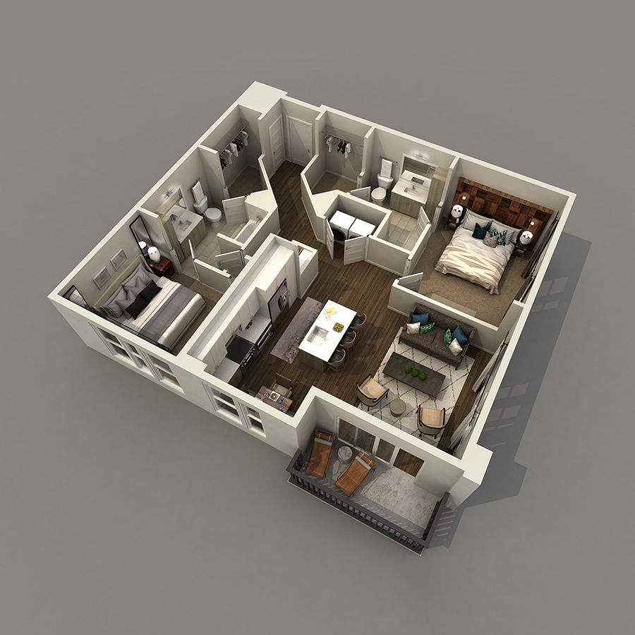 Rendering of the B3 floor plan with 2 bedroom[s] and 2 bathroom[s] at IMT 8 South