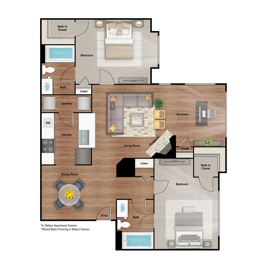 Rendering of the B2 floor plan with 2 bedroom[s] and 2 bathroom[s] at IMT Alpharetta
