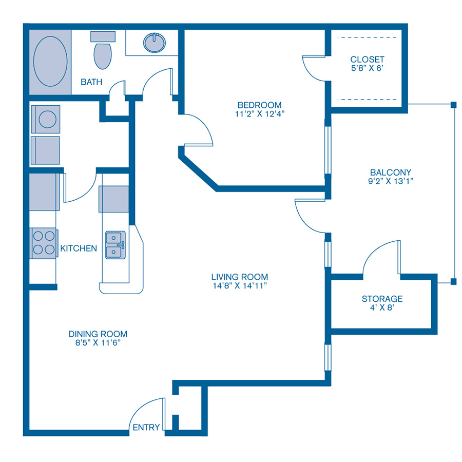 Rendering of the A1 floor plan with 1 bedroom[s] and 1 bathroom[s] at IMT Woodland Meadows