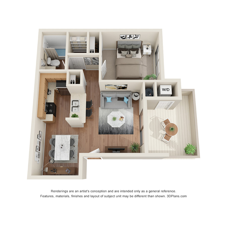 Rendering of the A1 floor plan with 1 bedroom[s] and 1 bathroom[s] at IMT Pleasanton
