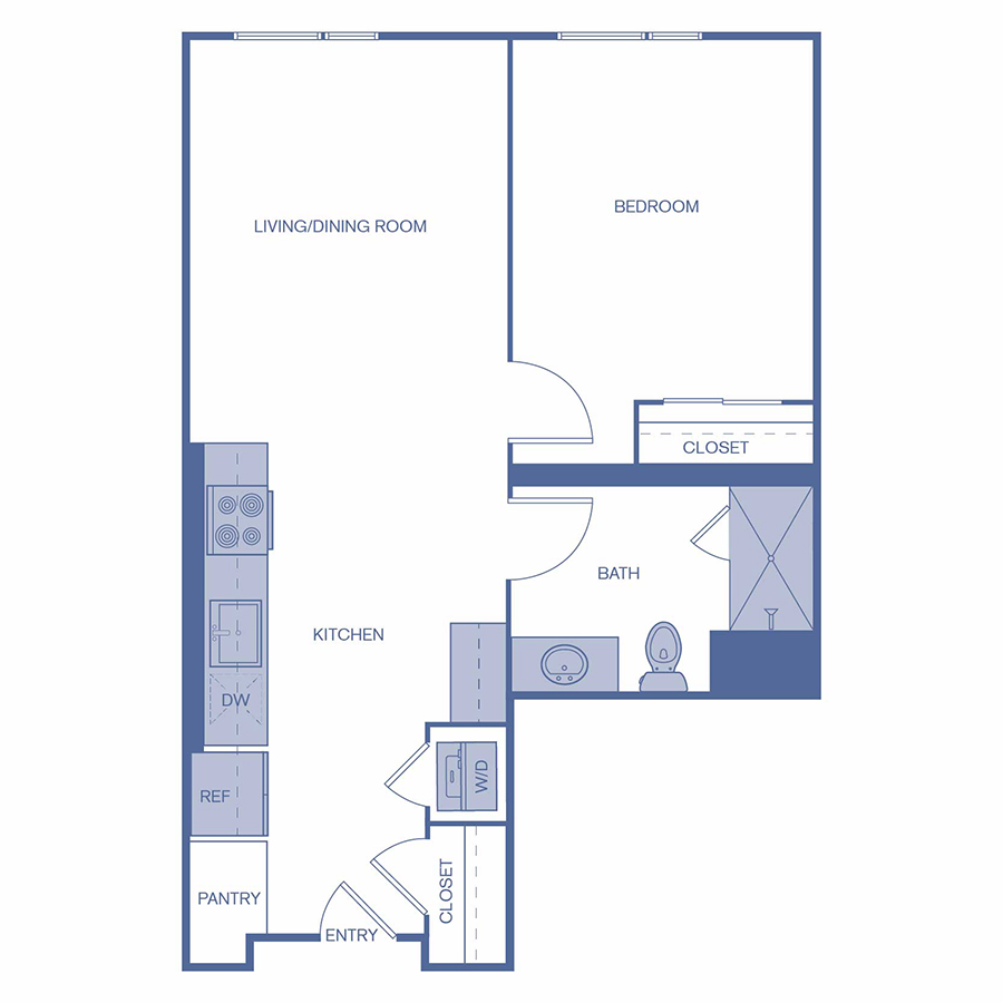 Rendering of the A1 floor plan with 1 bedroom[s] and 1 bathroom[s] at Citrus Commons