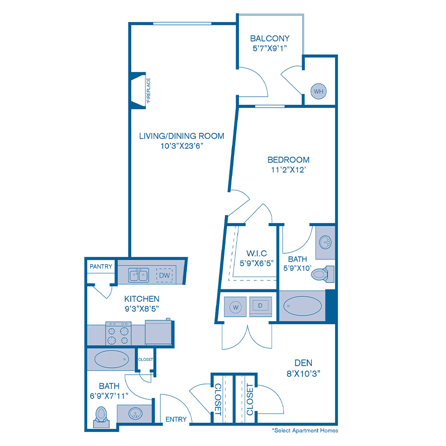 Rendering of the A23 floor plan with 1 bedroom[s] and 2 bathroom[s] at IMT at City Park