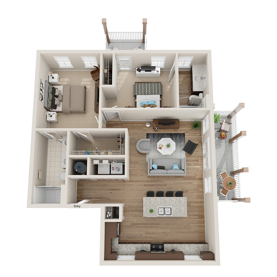 Rendering of the B3 floor plan with 2 bedroom[s] and 2 bathroom[s] at IMT Sonoma Hills