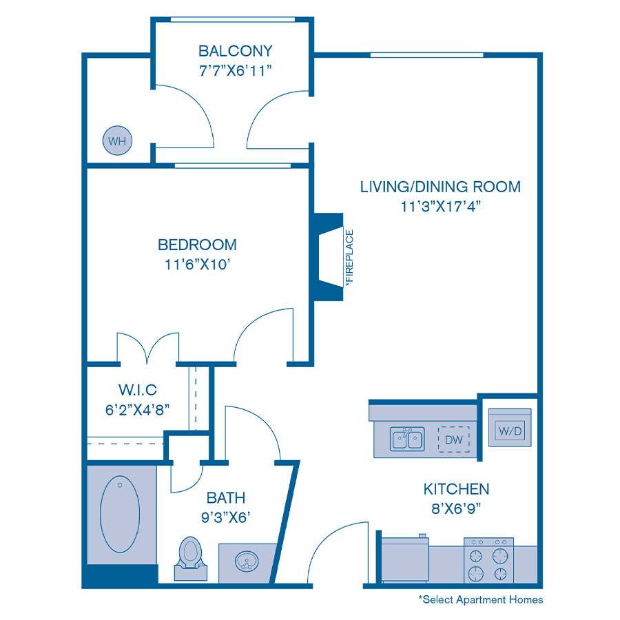 Rendering of the A2 floor plan with 1 bedroom[s] and 1 bathroom[s] at IMT at City Park