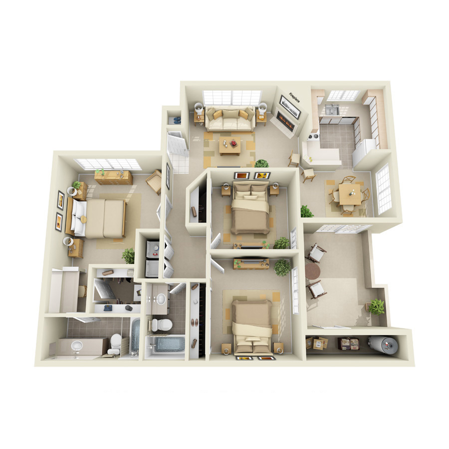 Rendering of the C1 floor plan with 3 bedroom[s] and 2 bathroom[s] at IMT Ahwatukee