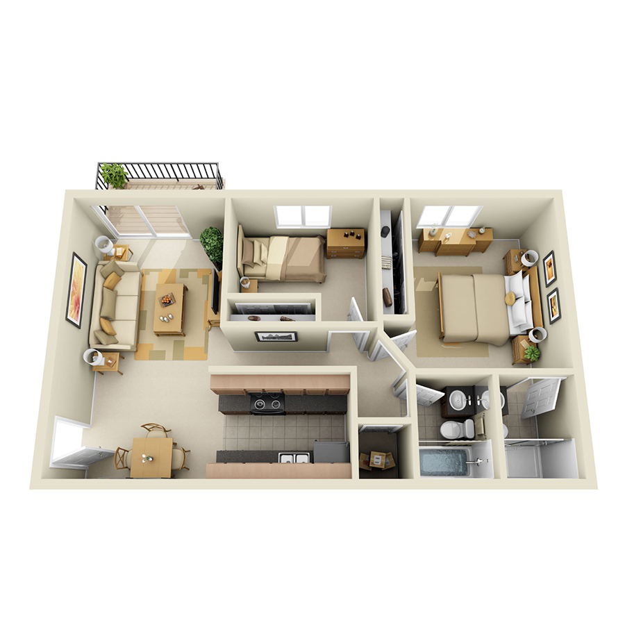 Rendering of the B3 floor plan with 2 bedroom[s] and 2 bathroom[s] at IMT Pleasant Hill