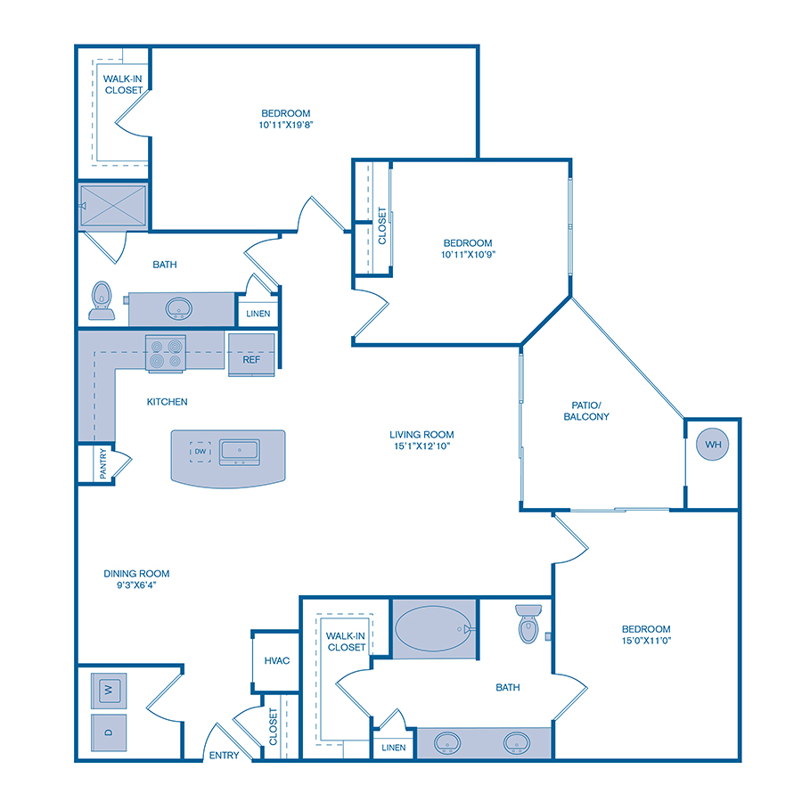 Rendering of the C1 floor plan with 3 bedroom[s] and 2 bathroom[s] at IMT at RidgeGate