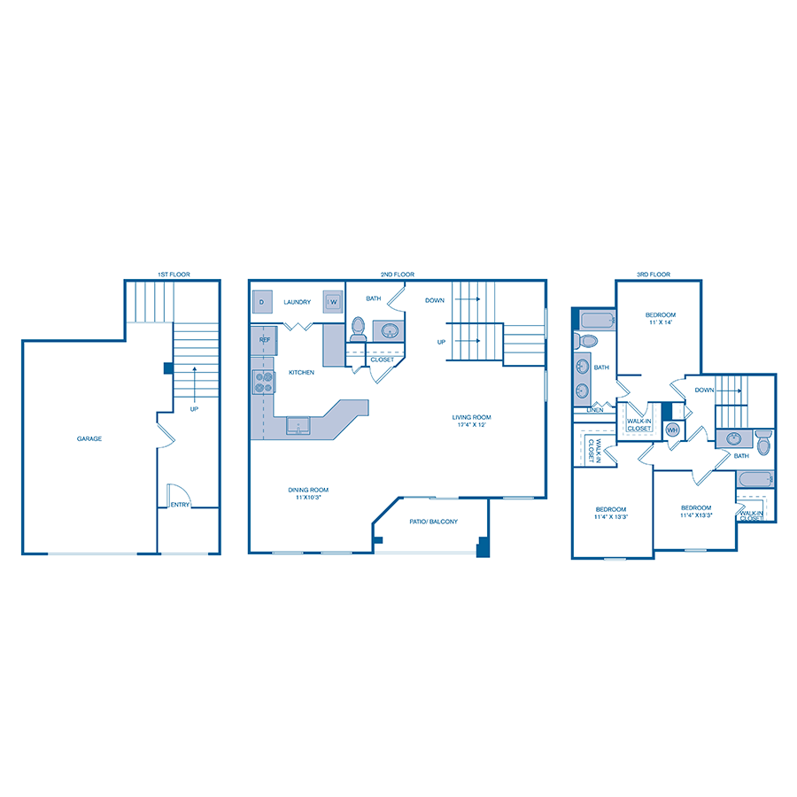 Rendering of the C1 TH floor plan with 3 bedroom[s] and 2.5 bathroom[s] at IMT Gulfstream