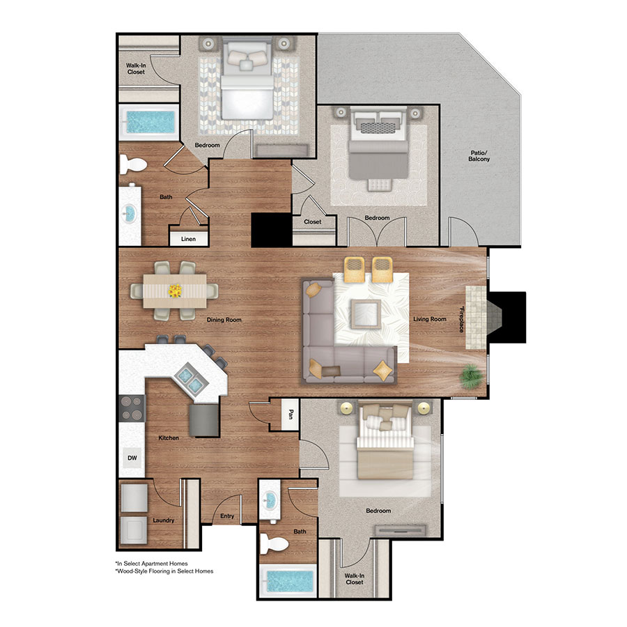 Rendering of the C1 floor plan with 3 bedroom[s] and 2 bathroom[s] at IMT Alpharetta