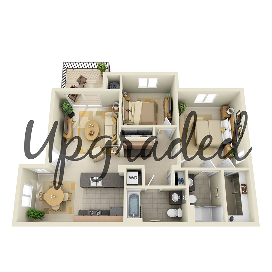 Rendering of the B2 Upgrade floor plan with 2 bedroom[s] and 2 bathroom[s] at IMT Pleasant Hill