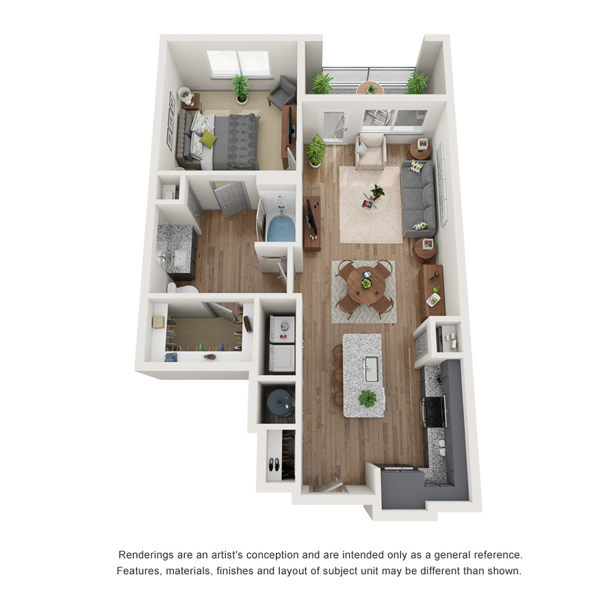 Rendering of the A4 floor plan with 1 bedroom[s] and 1 bathroom[s] at IMT Ballantyne