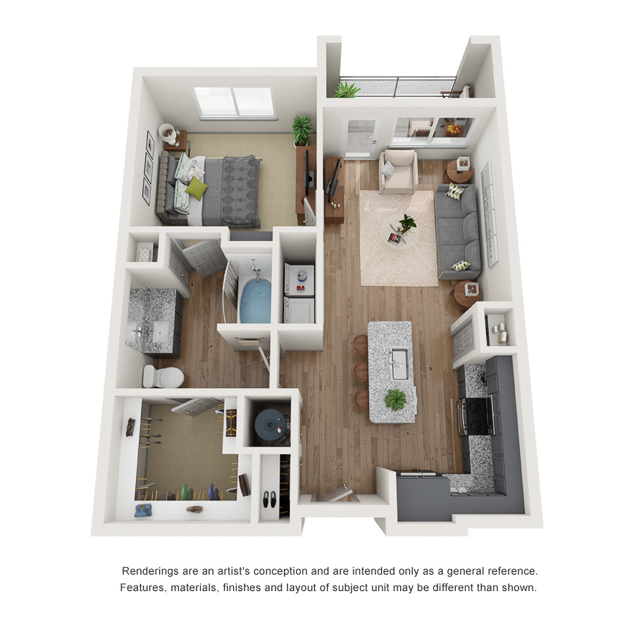 Rendering of the A1 floor plan with 1 bedroom[s] and 1 bathroom[s] at IMT Ballantyne