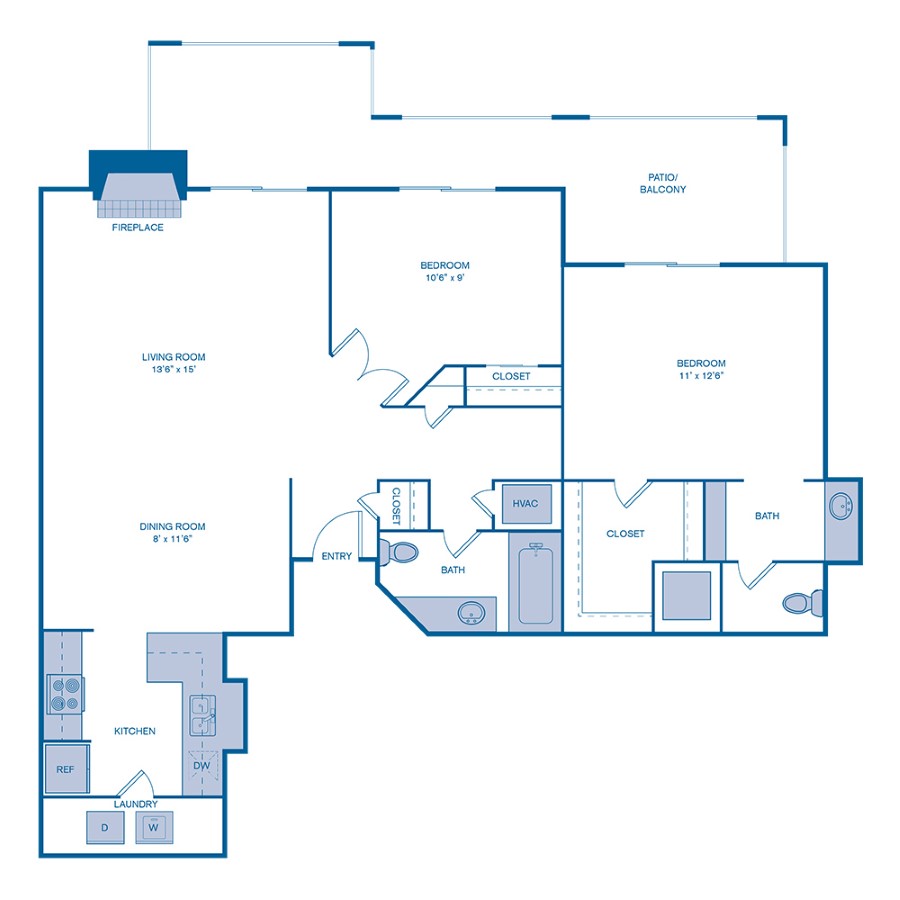 Rendering of the B1 floor plan with 2 bedroom[s] and 2 bathroom[s] at Summerset Village