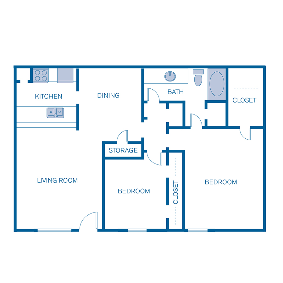 Rendering of the 2A floor plan with 2 bedroom[s] and 1 bathroom[s] at Pavilion Place