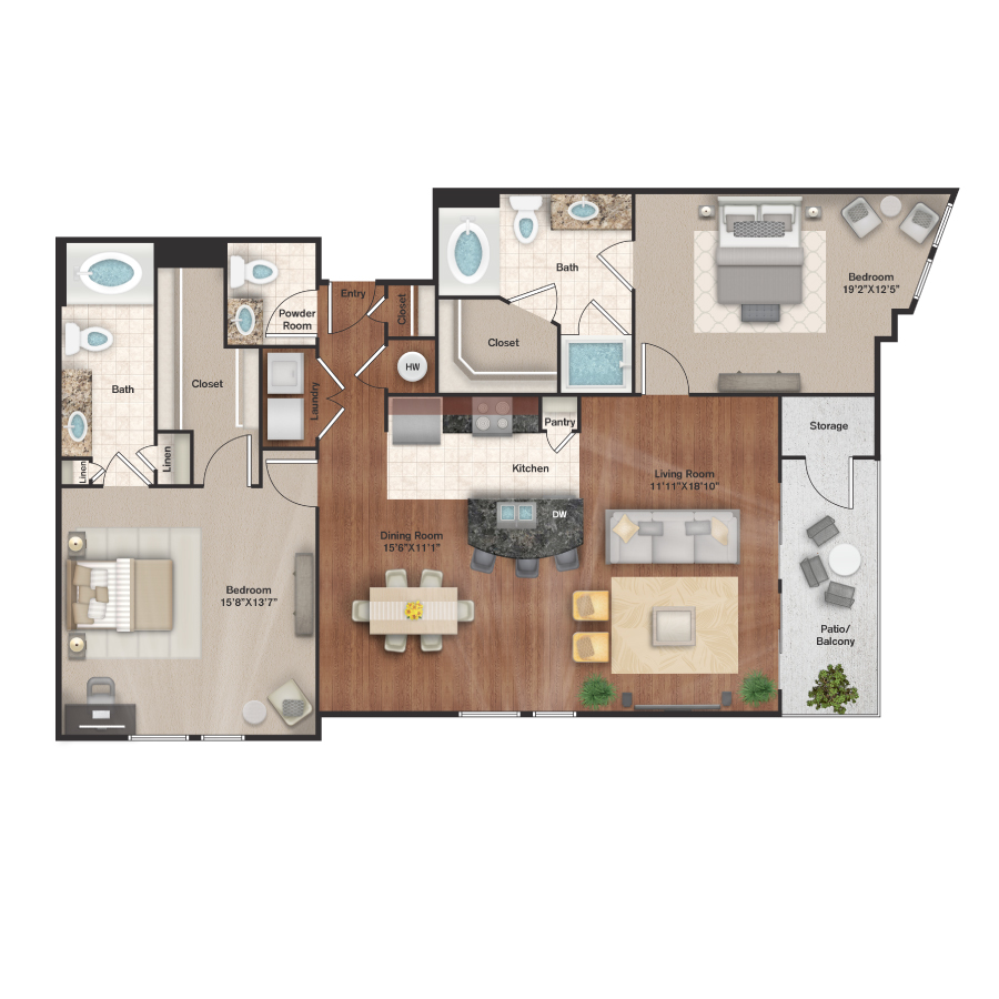 Rendering of the B15 floor plan with 2 bedroom[s] and 2 bathroom[s] at IMT Uptown Post Oak