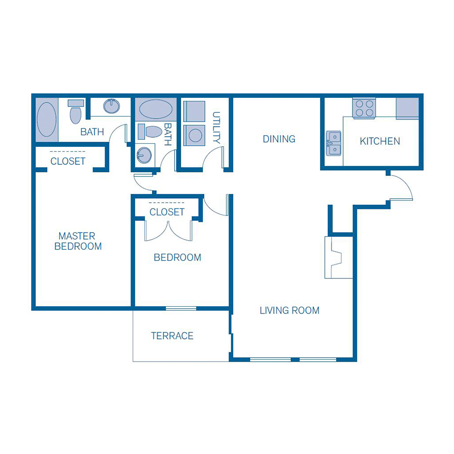 Rendering of the B1 floor plan with 2 bedroom[s] and 2 bathroom[s] at IMT Belasera at Forest Hills