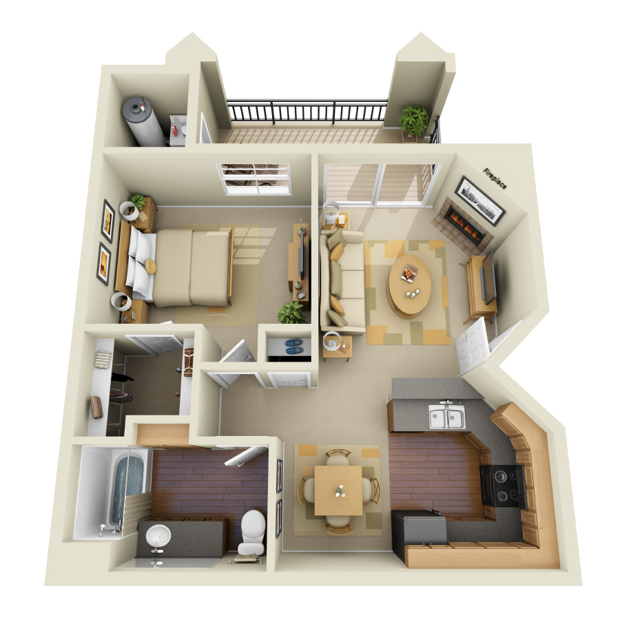 Rendering of the A2 floor plan with 1 bedroom[s] and 1 bathroom[s] at IMT Stevenson Ranch