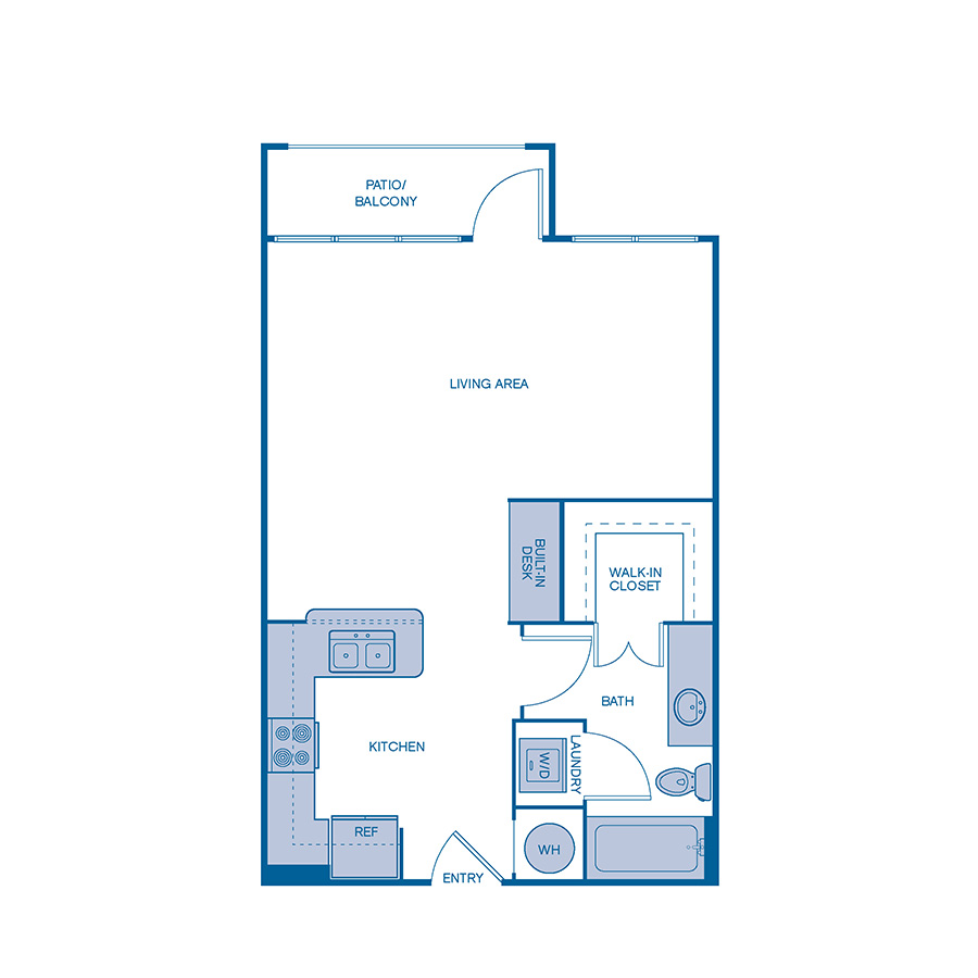 Rendering of the E1 floor plan with a Studio bedroom and 1 bathroom[s] at IMT Buckhead on 26th