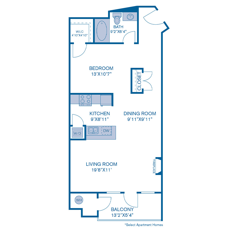 Rendering of the E3 floor plan with 1 bedroom[s] and 2 bathroom[s] at IMT at City Park