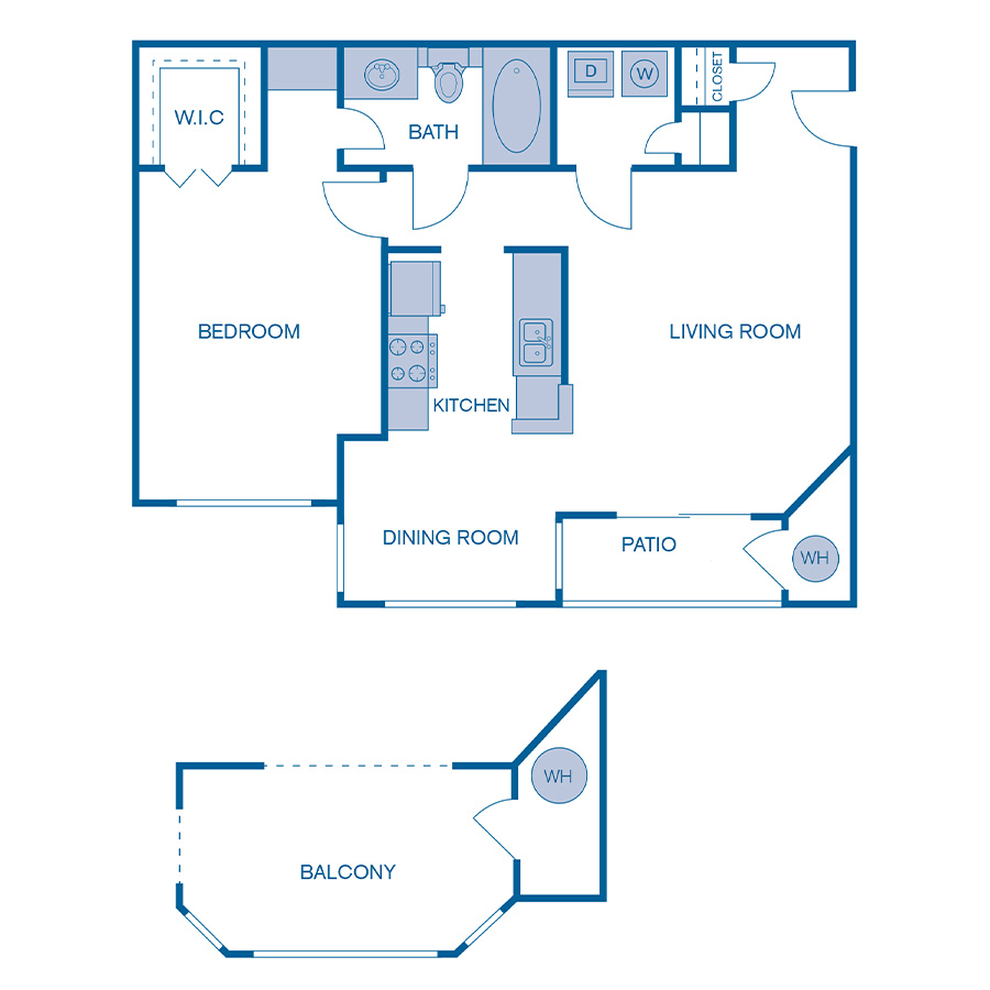Rendering of the A2w floor plan with 1 bedroom[s] and 1 bathroom[s] at IMT Cherry Creek