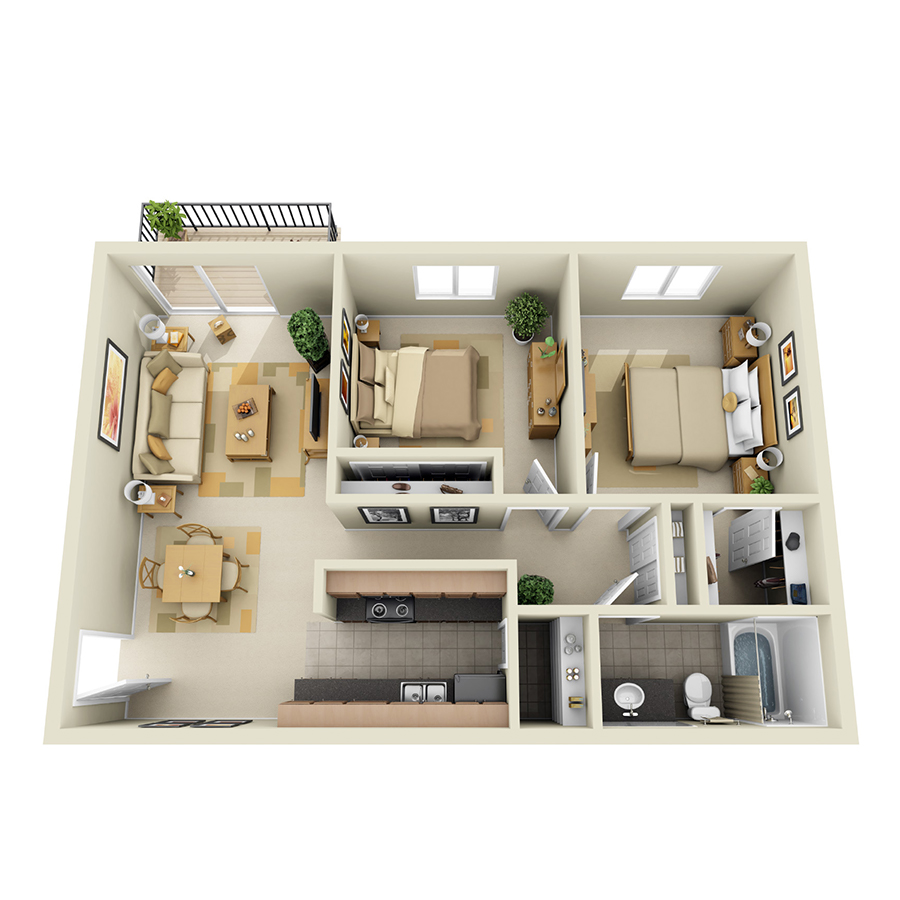 Rendering of the B1 floor plan with 2 bedroom[s] and 1 bathroom[s] at IMT Pleasant Hill