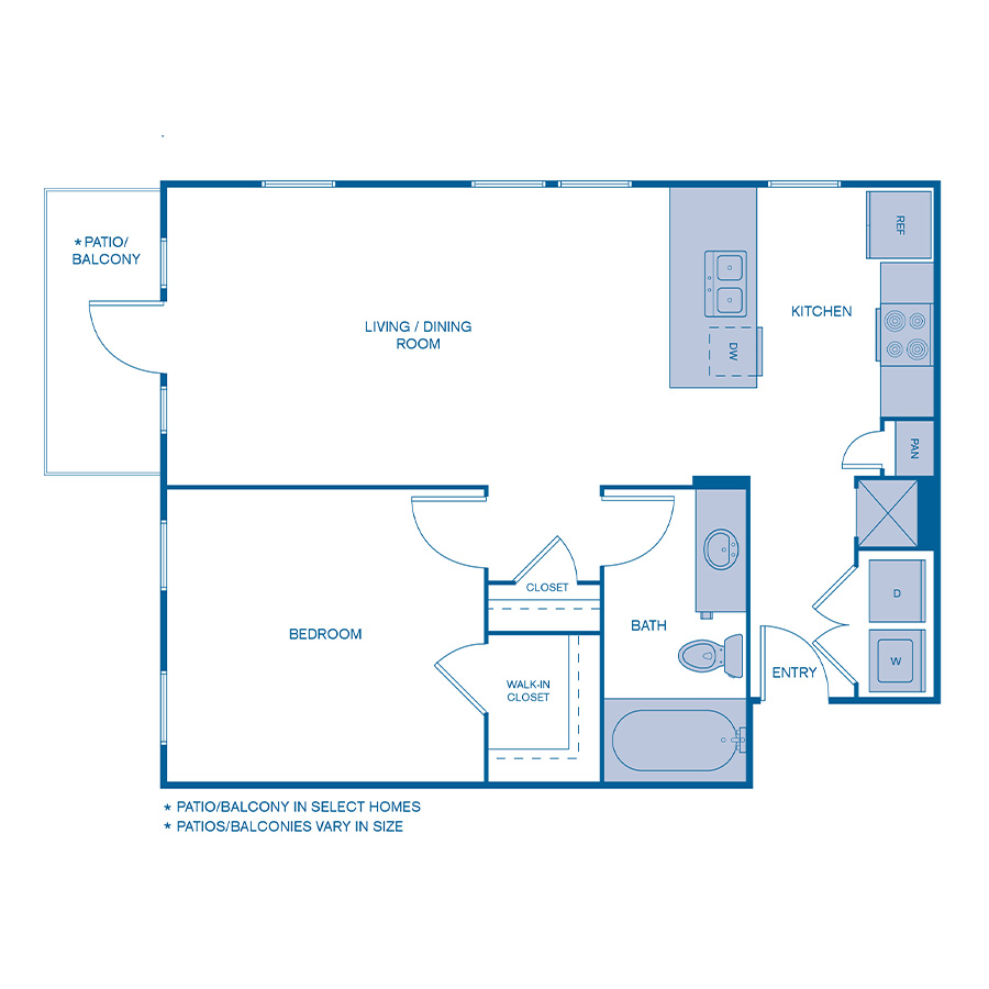 Rendering of the A2 floor plan with 1 bedroom[s] and 1 bathroom[s] at IMT Franklin Gateway