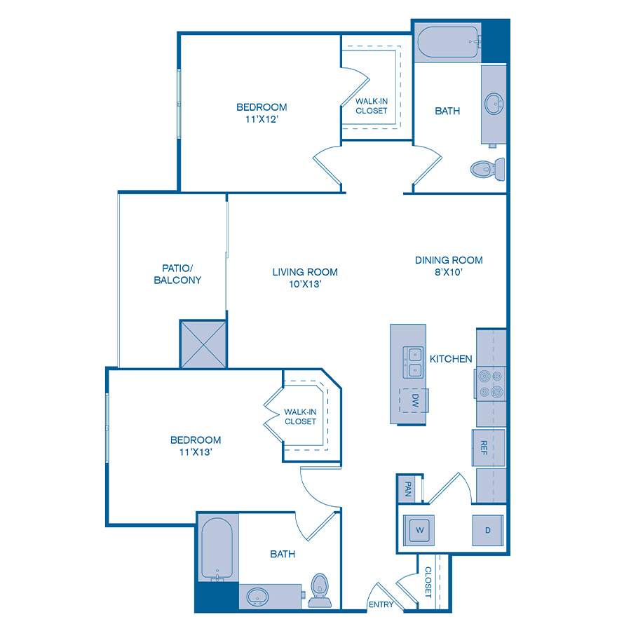 Rendering of the B1 floor plan with 2 bedroom[s] and 2 bathroom[s] at IMT Cornerstar Ranch