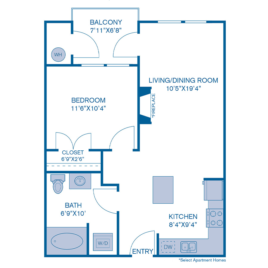 Rendering of the A7 floor plan with 1 bedroom[s] and 2 bathroom[s] at IMT at City Park