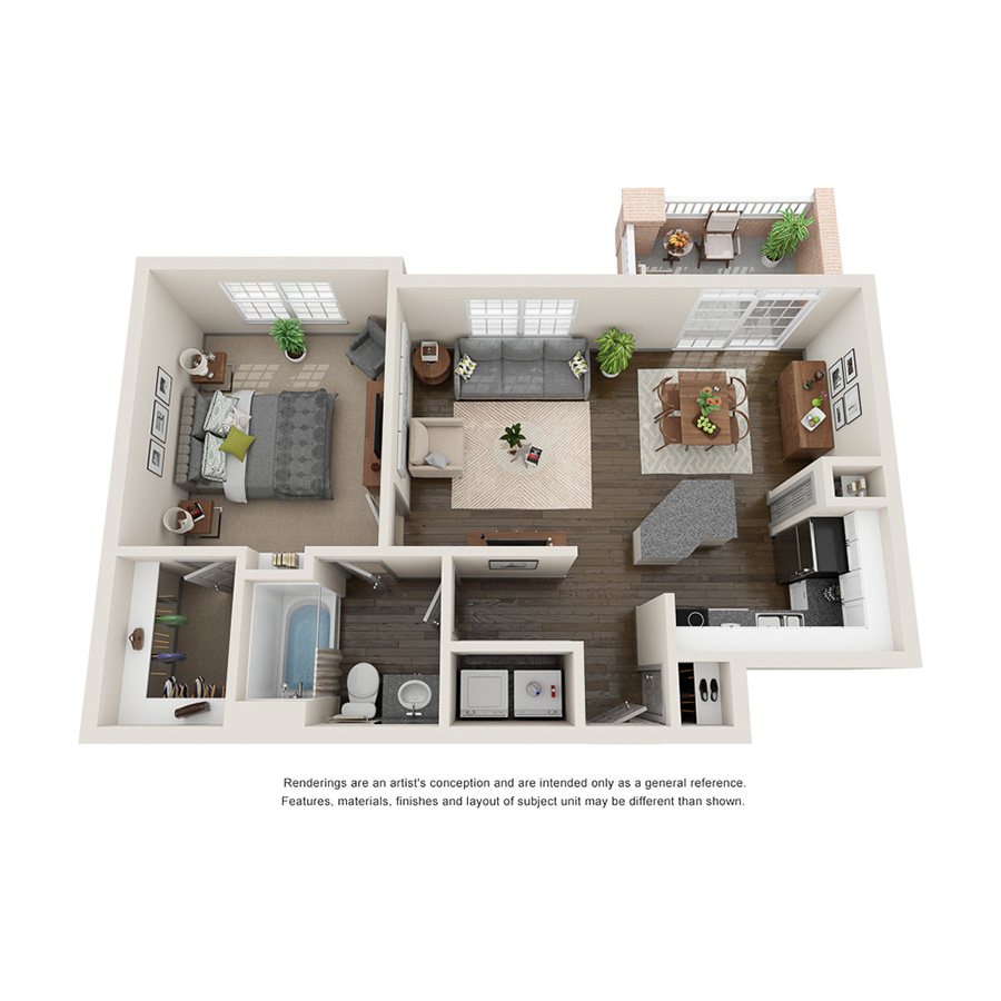 Rendering of the A1UPGRADE floor plan with 1 bedroom[s] and 1 bathroom[s] at IMT Lowry