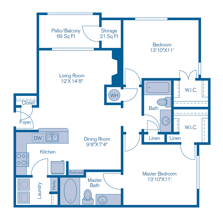 Rendering of the B1 floor plan with 2 bedroom[s] and 2 bathroom[s] at IMT Stoneleigh at Deerfield