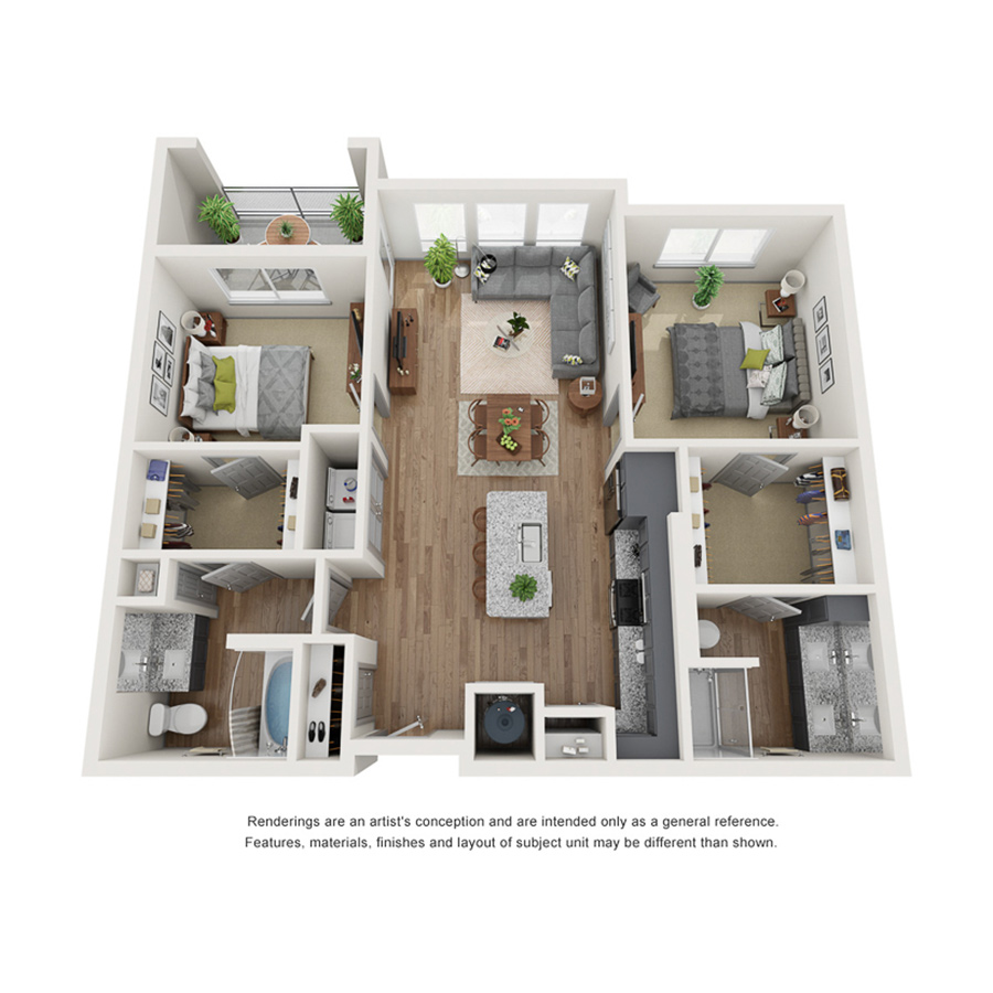 Rendering of the B1 floor plan with 2 bedroom[s] and 2 bathroom[s] at IMT Ballantyne