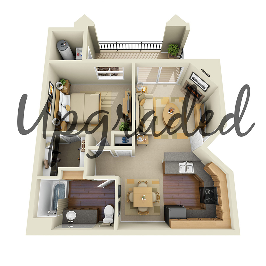 Rendering of the A2 Upgrade floor plan with 1 bedroom[s] and 1 bathroom[s] at IMT Stevenson Ranch