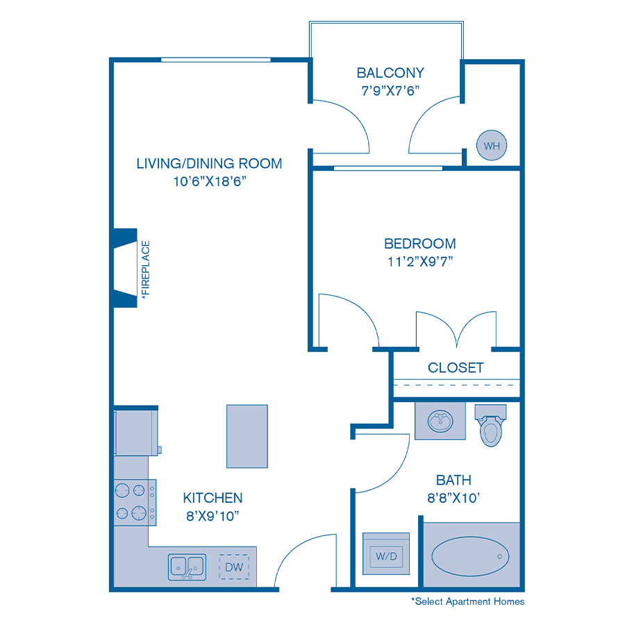 Rendering of the A4 floor plan with 1 bedroom[s] and 1 bathroom[s] at IMT at City Park