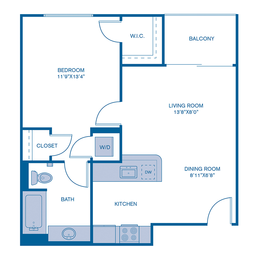 Rendering of the A3 floor plan with 1 bedroom[s] and 1 bathroom[s] at IMT 5700