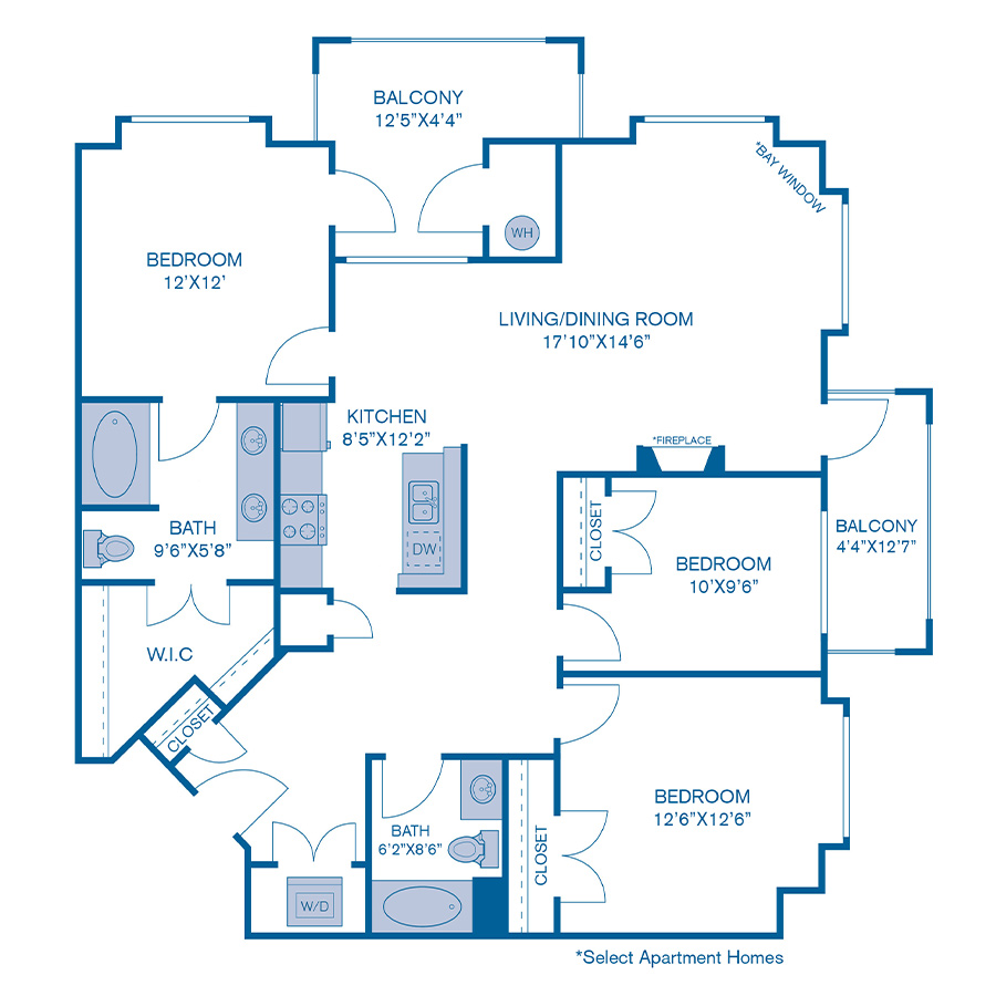 Rendering of the C1 floor plan with 3 bedroom[s] and 2 bathroom[s] at IMT at City Park