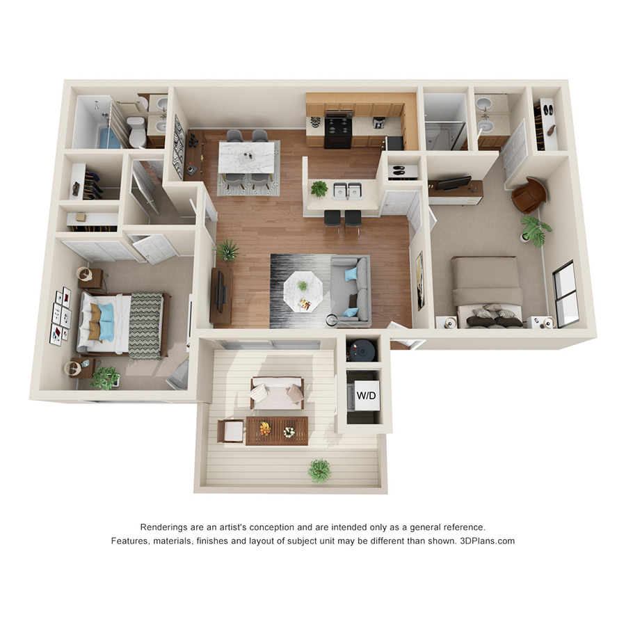 Rendering of the B2 Upgrade floor plan with 2 bedroom[s] and 2 bathroom[s] at IMT Pleasanton