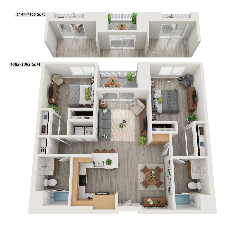 Rendering of the B1 floor plan with 2 bedroom[s] and 2 bathroom[s] at IMT 6500