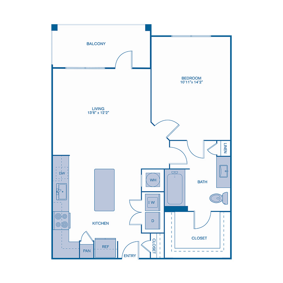 Rendering of the A1 floor plan with 1 bedroom[s] and 1 bathroom[s] at IMT Lake House