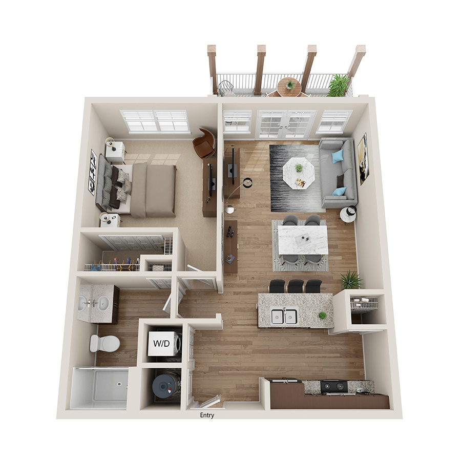 Rendering of the A2 floor plan with 1 bedroom[s] and 1 bathroom[s] at IMT Sonoma Hills