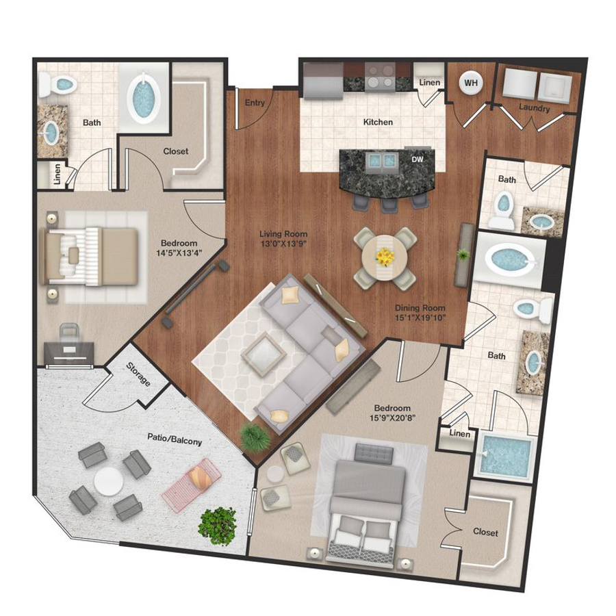 Rendering of the B9 floor plan with 2 bedroom[s] and 2 bathroom[s] at IMT Uptown Post Oak