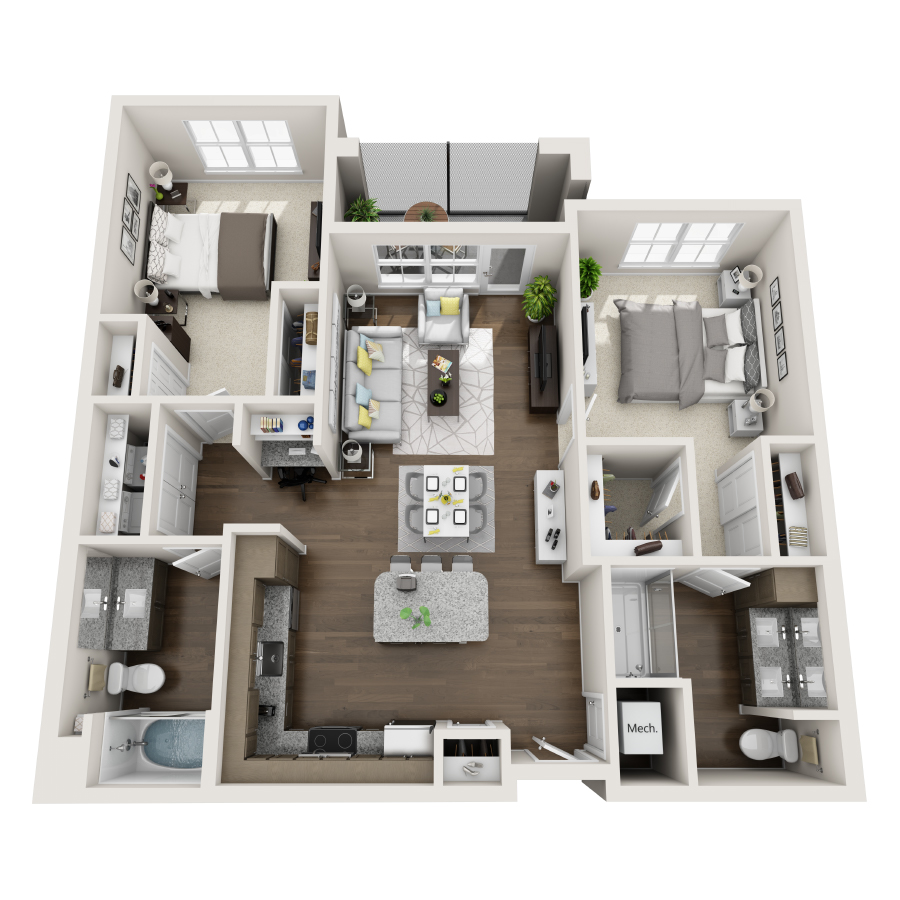 Rendering of the B1 floor plan with 2 bedroom[s] and 2 bathroom[s] at IMT Edgewater