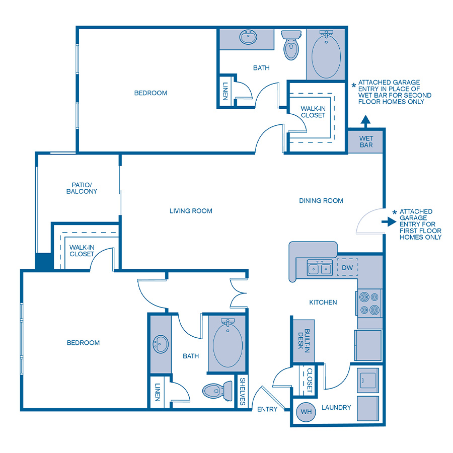 Rendering of the B1E floor plan with 2 bedroom[s] and 2 bathroom[s] at IMT Cool Springs