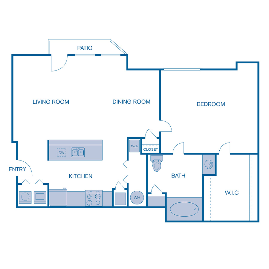 Rendering of the A1e floor plan with 1 bedroom[s] and 1 bathroom[s] at IMT Cherry Creek