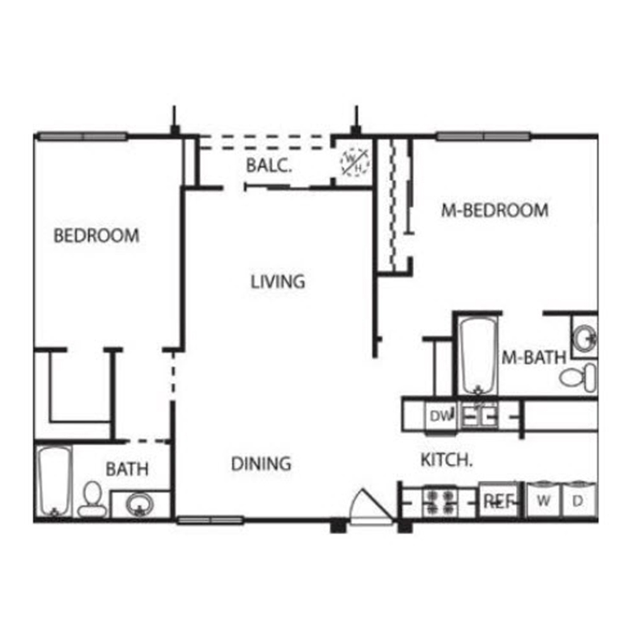Rendering of the B2 floor plan with 2 bedroom[s] and 2 bathroom[s] at IMT Devonshire