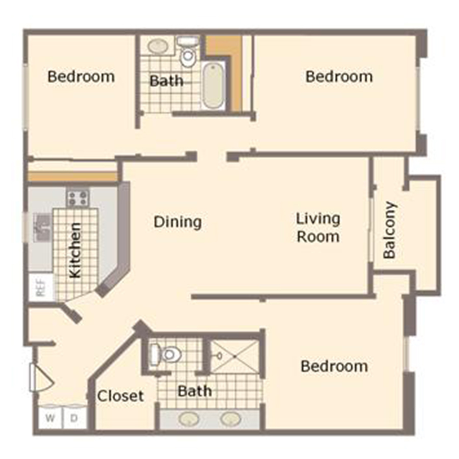 Rendering of the C1 floor plan with 3 bedroom[s] and 2 bathroom[s] at IMT Belasera at Sherman Way