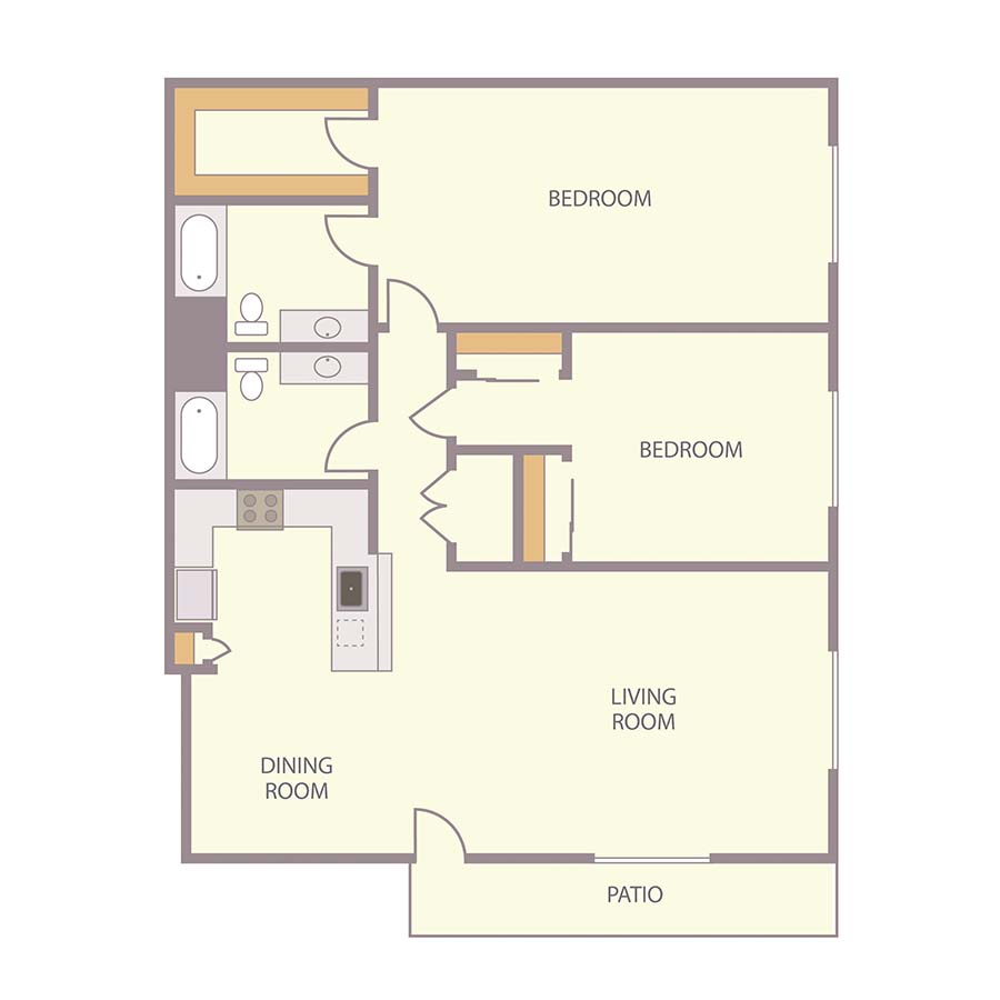 Rendering of the B1 floor plan with 2 bedroom[s] and 2 bathroom[s] at IMT Belasera at Superior