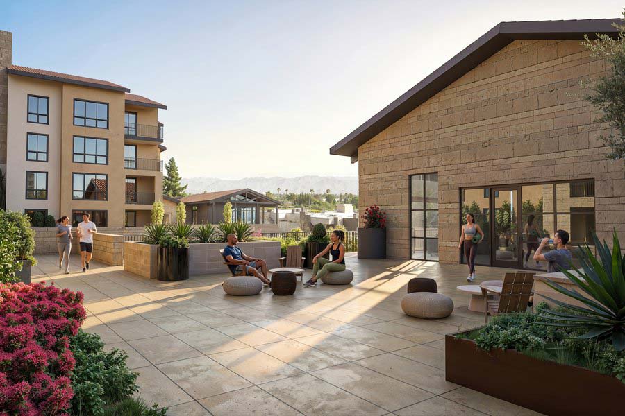 Rendering of Via Avanti outdoor courtyard with plush seating.