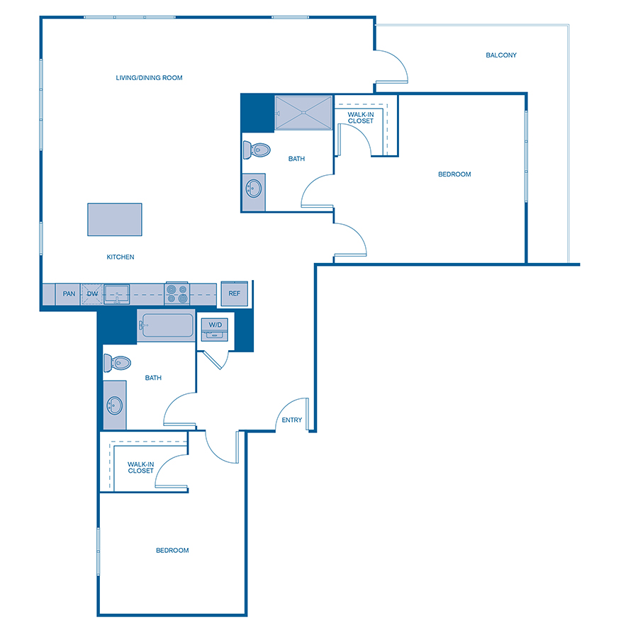 Rendering of the B6 floor plan with 2 bedroom[s] and 2 bathroom[s] at Via Avanti