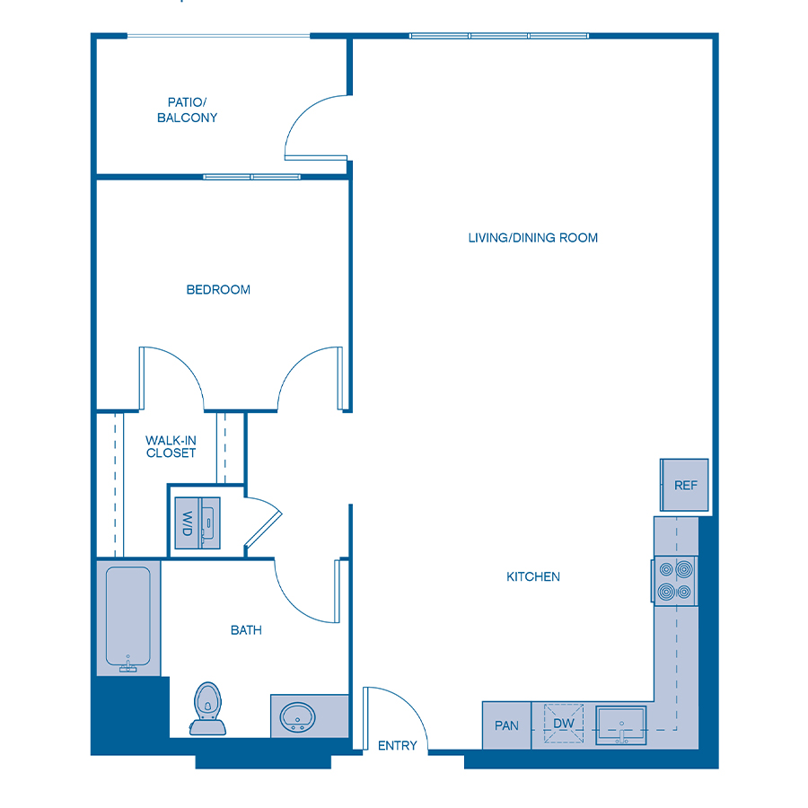 Rendering of the A5 floor plan with 1 bedroom[s] and 1 bathroom[s] at Via Avanti